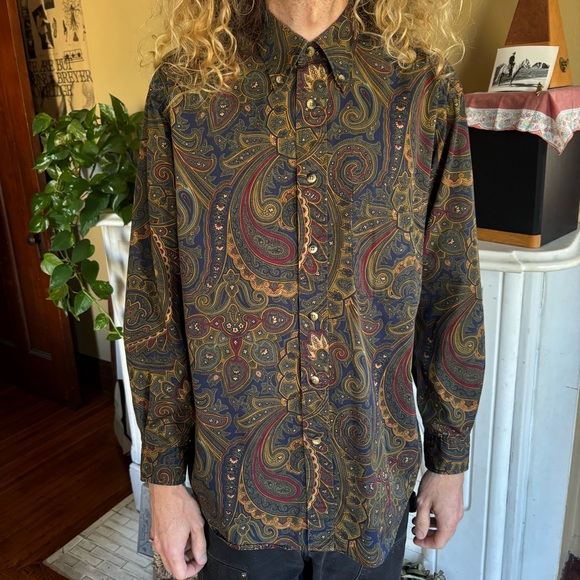 💀 SOLD 💀 Vintage 90s Large Paisley AOP Long Sleeve Button Down Cotton Shirt ~ M - Picture 1 of 7